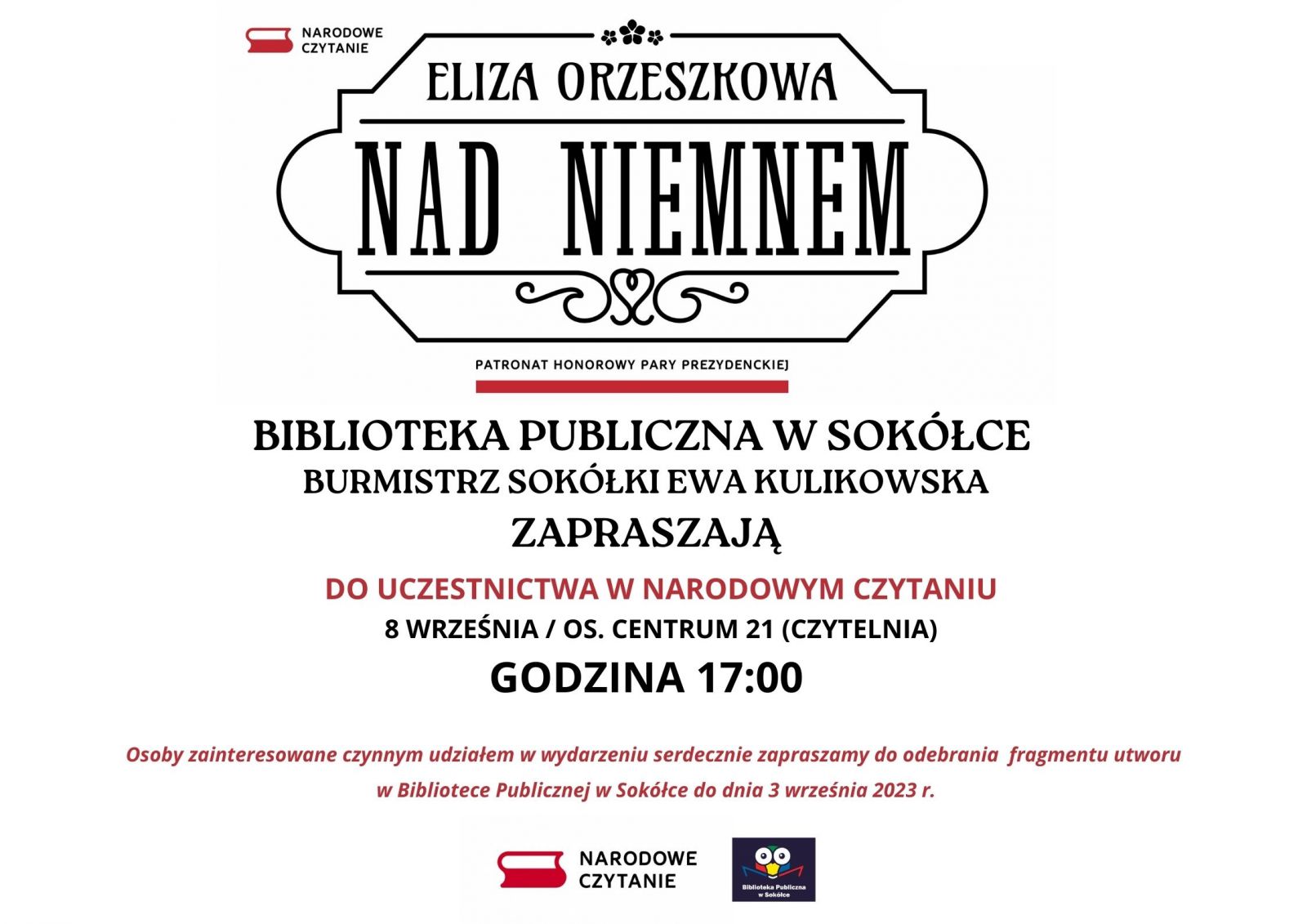Plakat promujący Narodowe Czytanie w Bibliotece Publicznej w Sokółkce